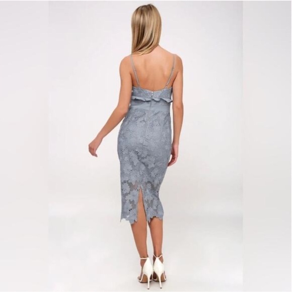 Bardot Vienna Dusty Blue Lace Midi Dress Spaghetti Strap Ruffle Crochet Lace - Picture 4 of 14